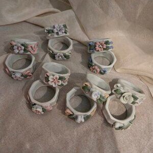 VTG 1950's Set Of 12 Porcelain Pastel Flower 3D Hexagon Napkin Rings